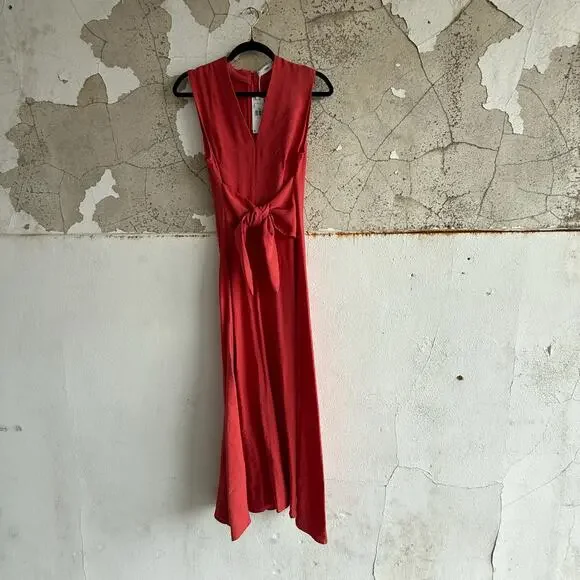 NWT Mango Sleeveless Red Tie Front Midi Dress Lightweight Linen Blend Size S - Picture 3 of 6